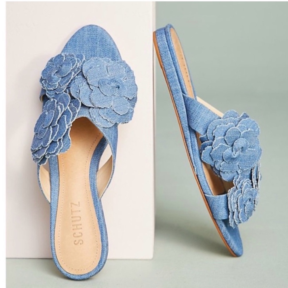 SCHUTZ Ilaria Blue Floral Denim Slides